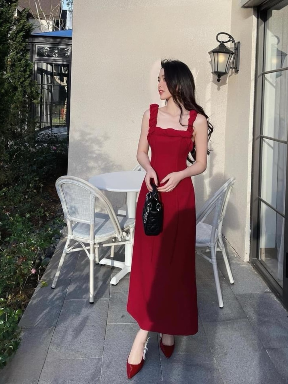 Ruffled Strap Burgundy Maxi Dress by